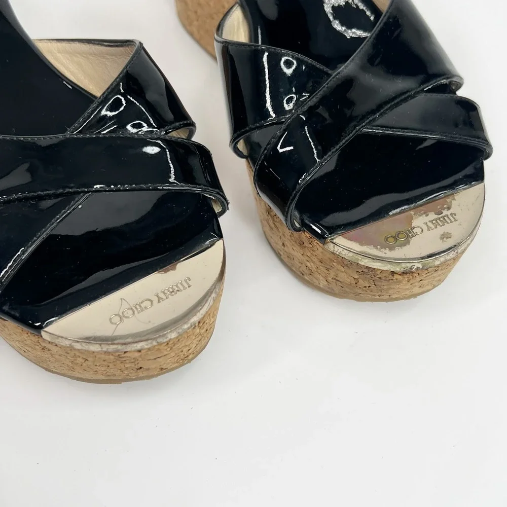 JIMMY CHOO Black Pandora Patent Leather Cork Wedge Platform Sandals 7 (37)